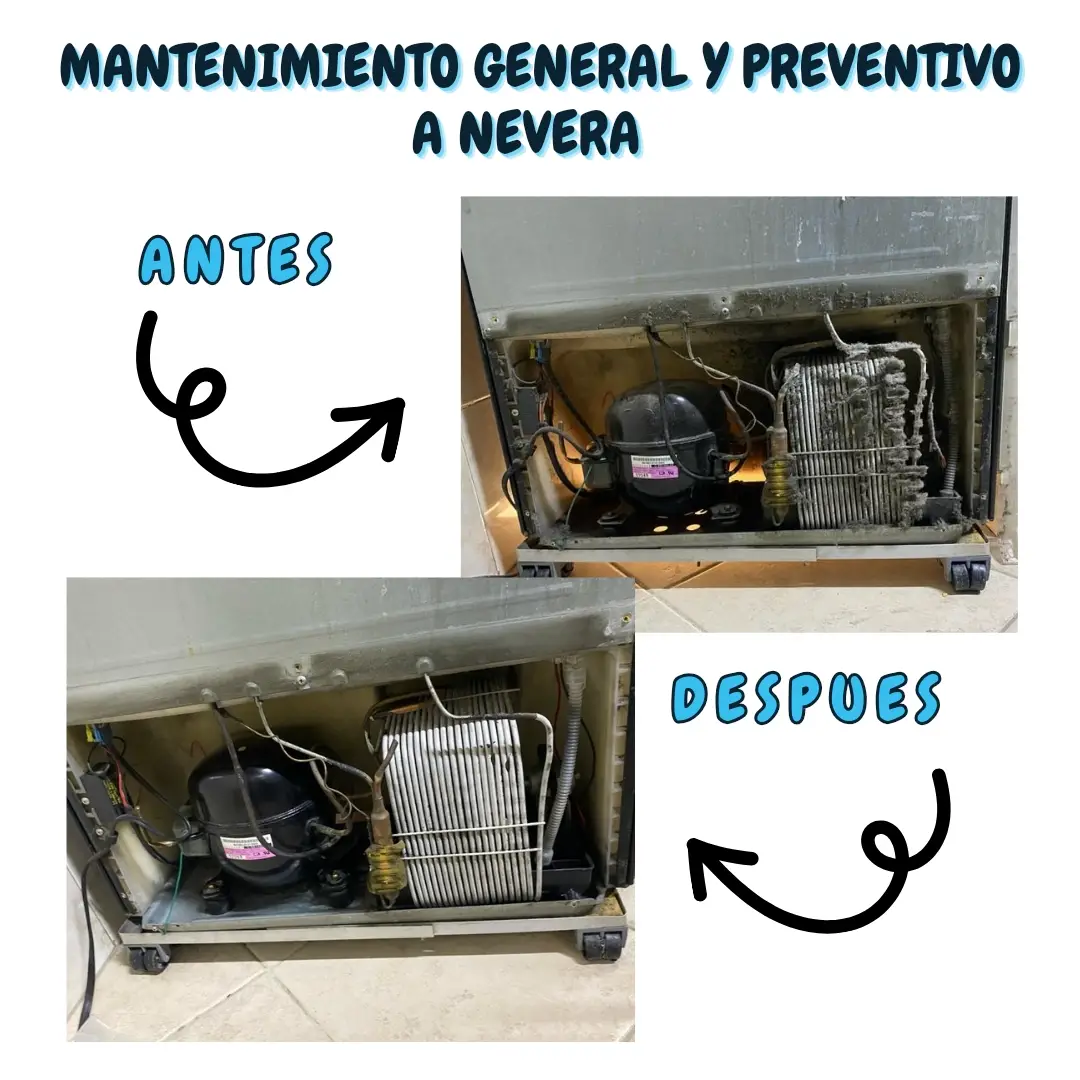 Mantenimiento preventivo de nevera, limpieza y revisión técnica.